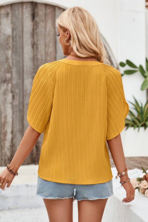 Plain V Neck Loose Fit Short Sleeve Blouse