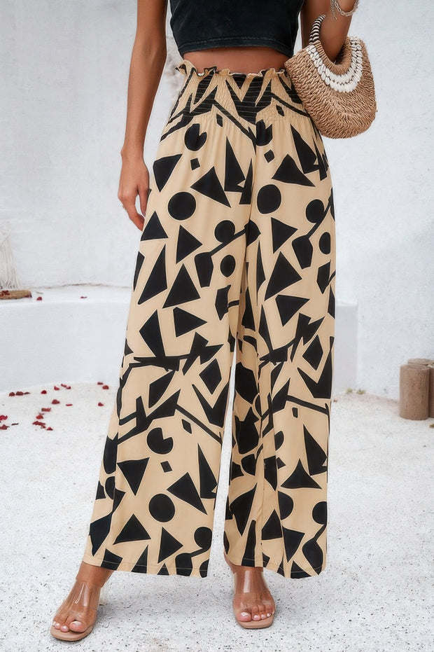 Allover Print Folded Frill Wide Leg High Waist Pant