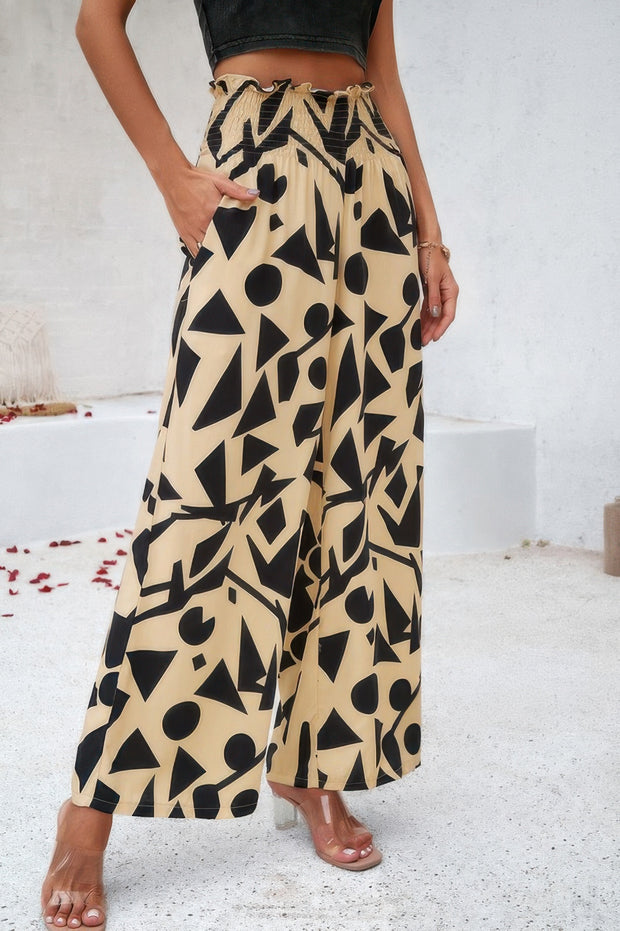 Allover Print Folded Frill Wide Leg High Waist Pant