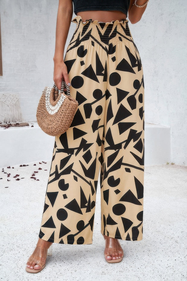 Allover Print Folded Frill Wide Leg High Waist Pant