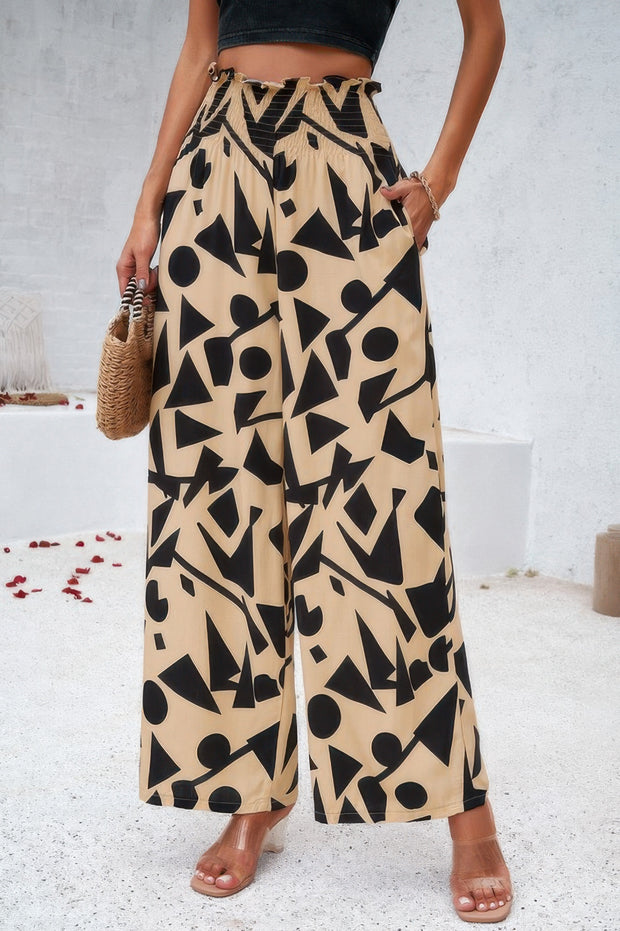 Allover Print Folded Frill Wide Leg High Waist Pant
