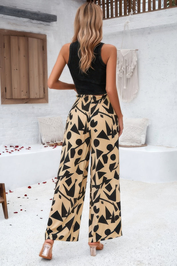 Allover Print Folded Frill Wide Leg High Waist Pant