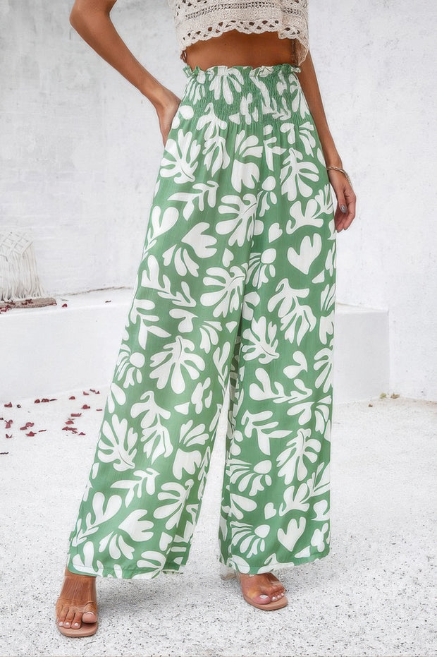 Allover Print Folded Frill Wide Leg High Waist Pant