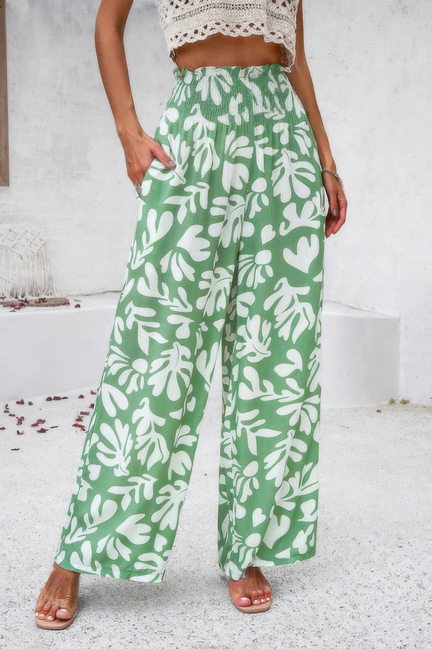 Allover Print Folded Frill Wide Leg High Waist Pant