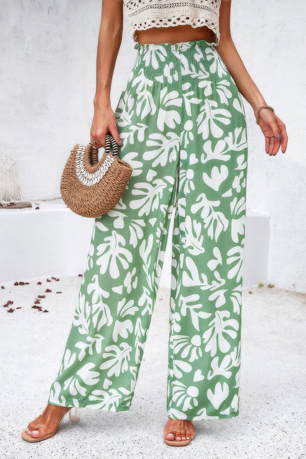 Allover Print Folded Frill Wide Leg High Waist Pant