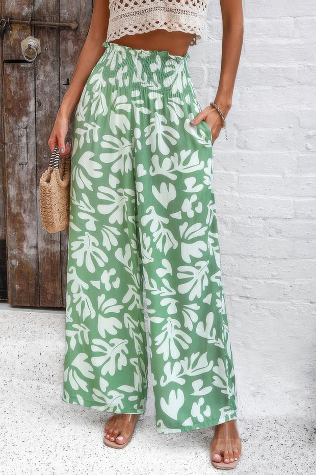 Allover Print Folded Frill Wide Leg High Waist Pant