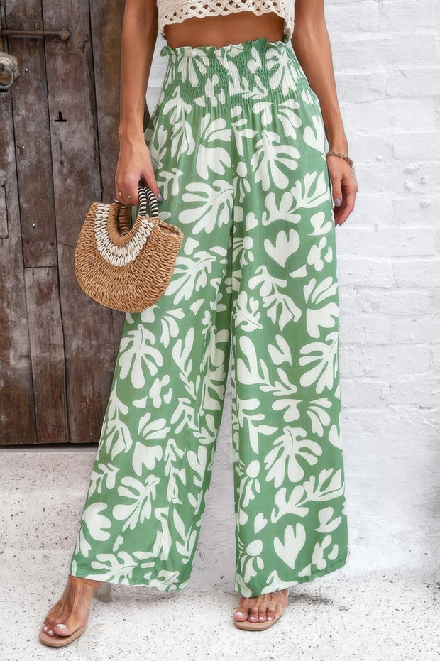 Allover Print Folded Frill Wide Leg High Waist Pant