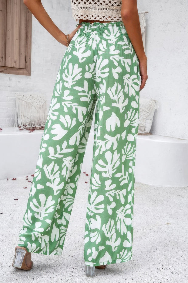 Allover Print Folded Frill Wide Leg High Waist Pant