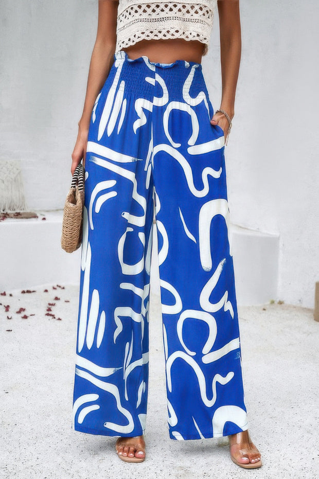 Allover Print Folded Frill Wide Leg High Waist Pant