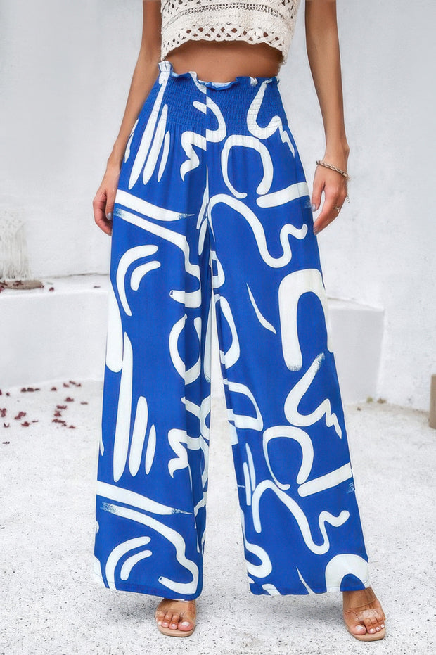 Allover Print Folded Frill Wide Leg High Waist Pant