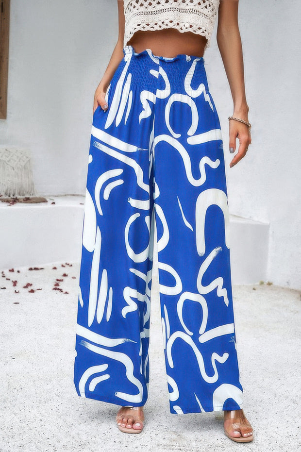 Allover Print Folded Frill Wide Leg High Waist Pant