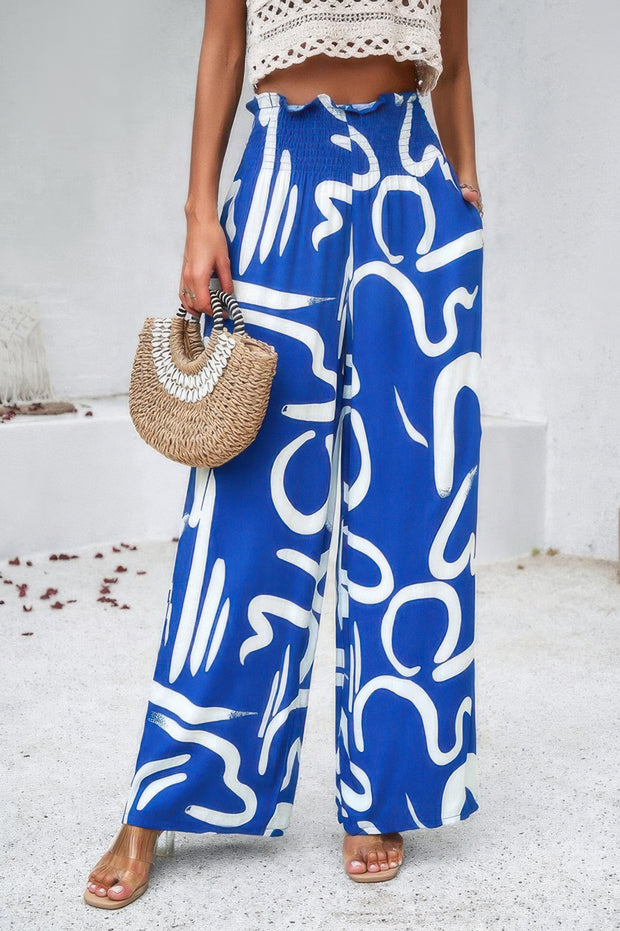 Allover Print Folded Frill Wide Leg High Waist Pant