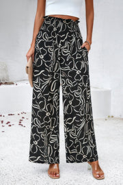 Allover Print Folded Frill Wide Leg High Waist Pant