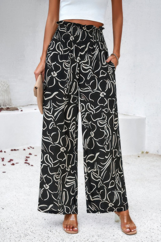 Allover Print Folded Frill Wide Leg High Waist Pant