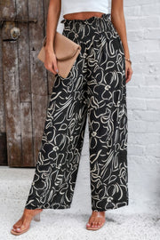 Allover Print Folded Frill Wide Leg High Waist Pant