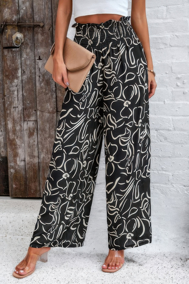Allover Print Folded Frill Wide Leg High Waist Pant