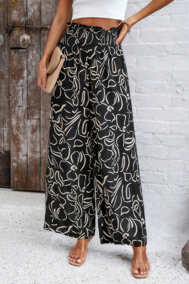Allover Print Folded Frill Wide Leg High Waist Pant