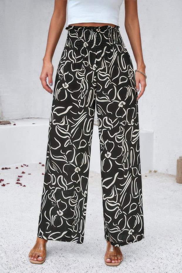 Allover Print Folded Frill Wide Leg High Waist Pant