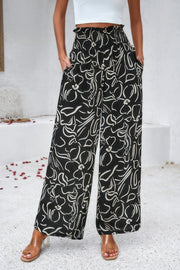 Allover Print Folded Frill Wide Leg High Waist Pant