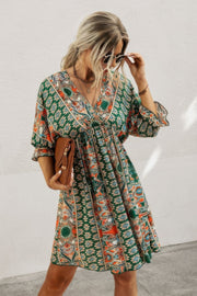 Boho Print Wrap Neck Tie Back Pleated Hem Dress