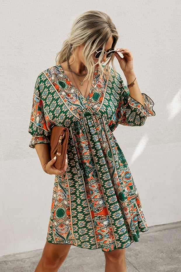 Boho Print Wrap Neck Tie Back Pleated Hem Dress