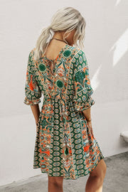 Boho Print Wrap Neck Tie Back Pleated Hem Dress