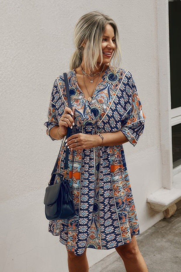 Boho Print Wrap Neck Tie Back Pleated Hem Dress