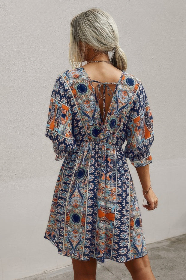 Boho Print Wrap Neck Tie Back Pleated Hem Dress