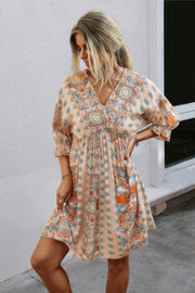 Boho Print Wrap Neck Tie Back Pleated Hem Dress