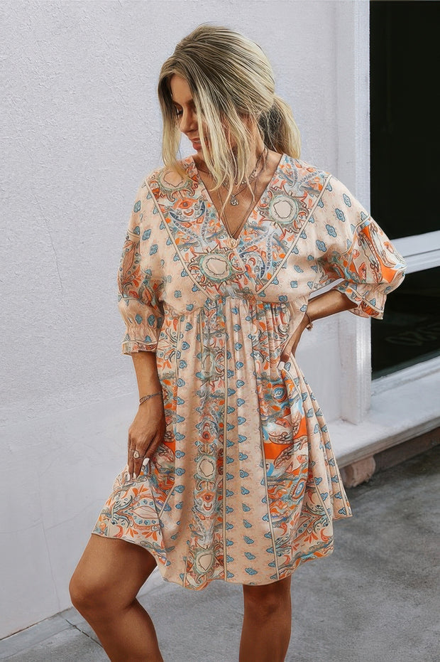Boho Print Wrap Neck Tie Back Pleated Hem Dress