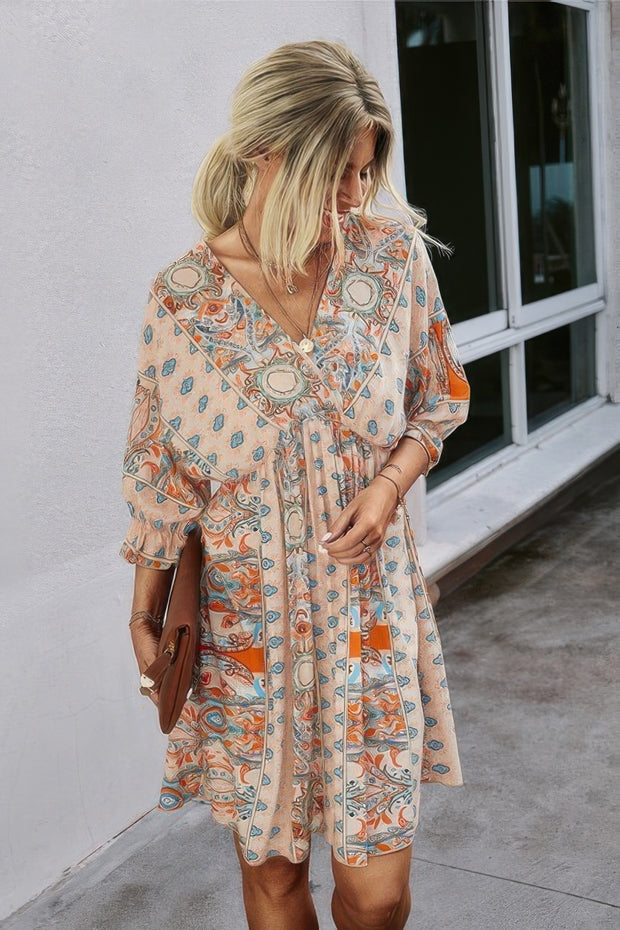 Boho Print Wrap Neck Tie Back Pleated Hem Dress