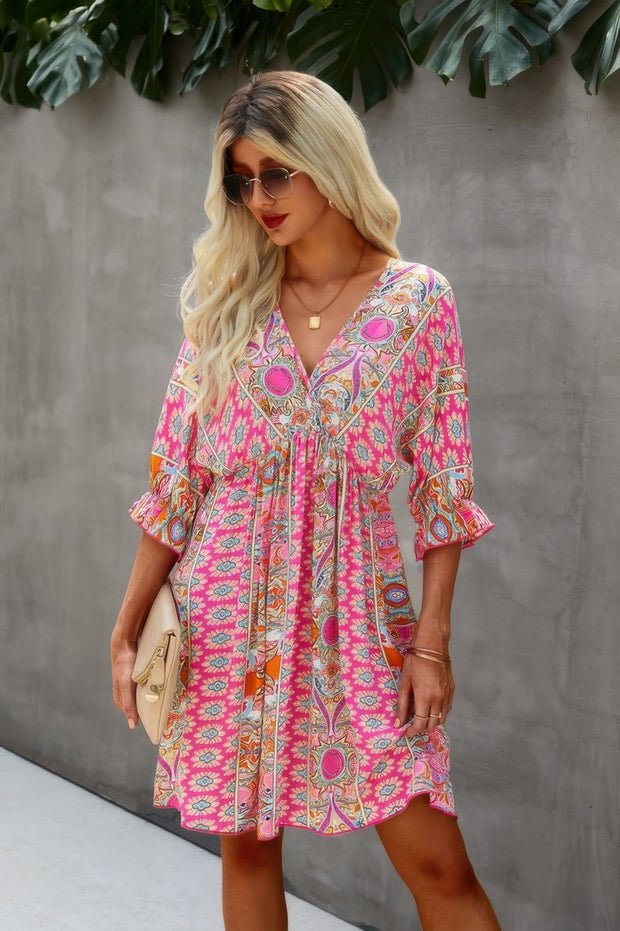 Boho Print Wrap Neck Tie Back Pleated Hem Dress