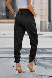 Solid Drawstring Hem Flap Pocket Side Stacked Pant