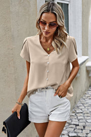 Solid Button Trim V Neck Loose Fit Blouse