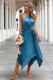 Twist Front Pleated One Shoulder Long Dress