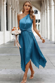Twist Front Pleated One Shoulder Long Dress
