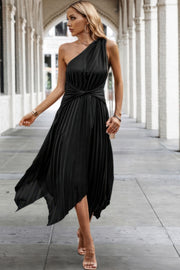 Twist Front Pleated One Shoulder Long Dress