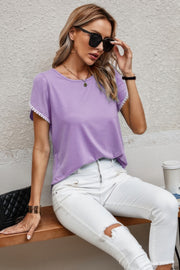 Crewneck Short Sleeve Lace Trim Loose T Shirts
