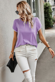 Crewneck Short Sleeve Lace Trim Loose T Shirts