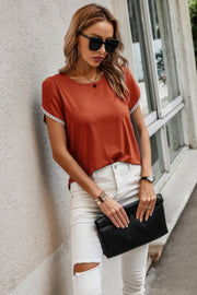 Crewneck Short Sleeve Lace Trim Loose T Shirts