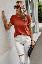 Crewneck Short Sleeve Lace Trim Loose T Shirts