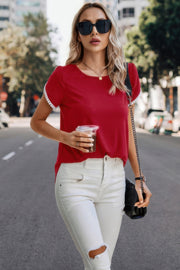 Crewneck Short Sleeve Lace Trim Loose T Shirts