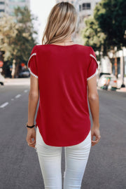 Crewneck Short Sleeve Lace Trim Loose T Shirts