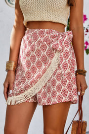 Boho Printed Tie Side Tassel Trim High Waist Short