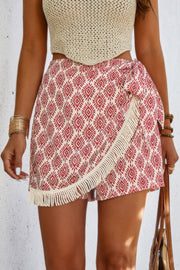 Boho Printed Tie Side Tassel Trim High Waist Short