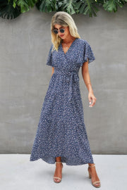 V Neck Blue Floral Short Sleeve Wrap Dress