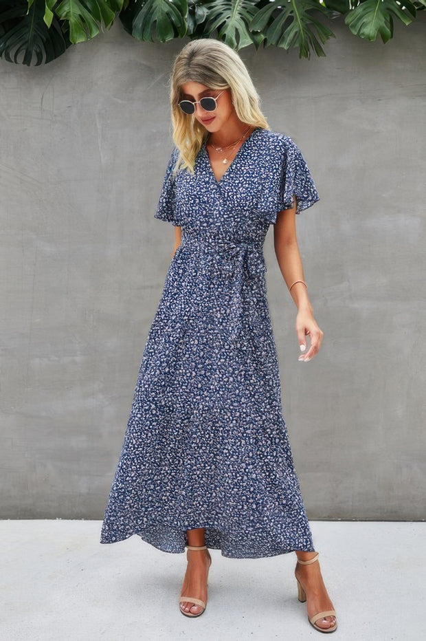 V Neck Blue Floral Short Sleeve Wrap Dress