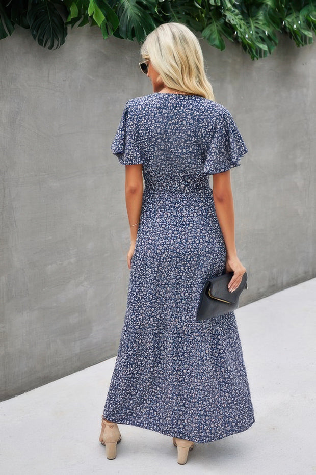V Neck Blue Floral Short Sleeve Wrap Dress