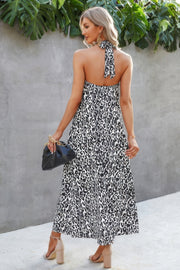 Animal Print Backless Halter Flowing Maxi Dress