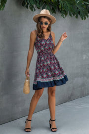 Floral Spaghetti Strap Button Down Ruffle Mini Dress